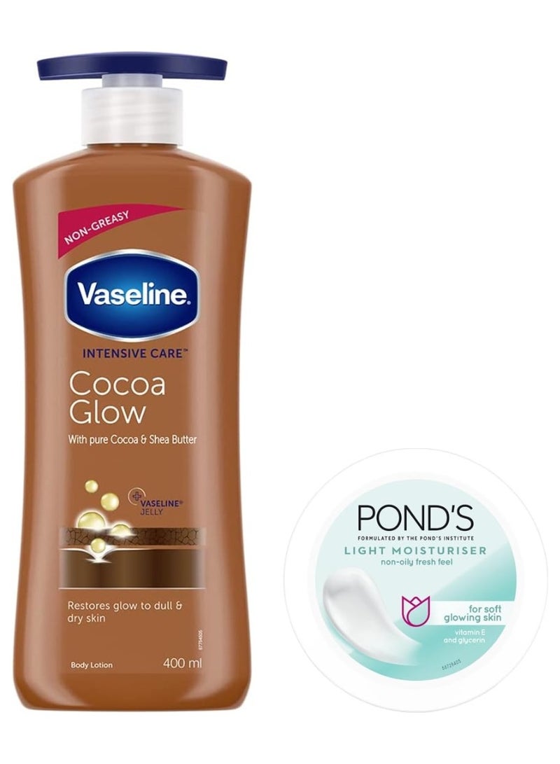 Vaseline Winter Care Combo: Cocoa Glow Lotion, 400Ml With Ponds Light Moisturiser 100G, For Soft & Glowing Skin - Image 1